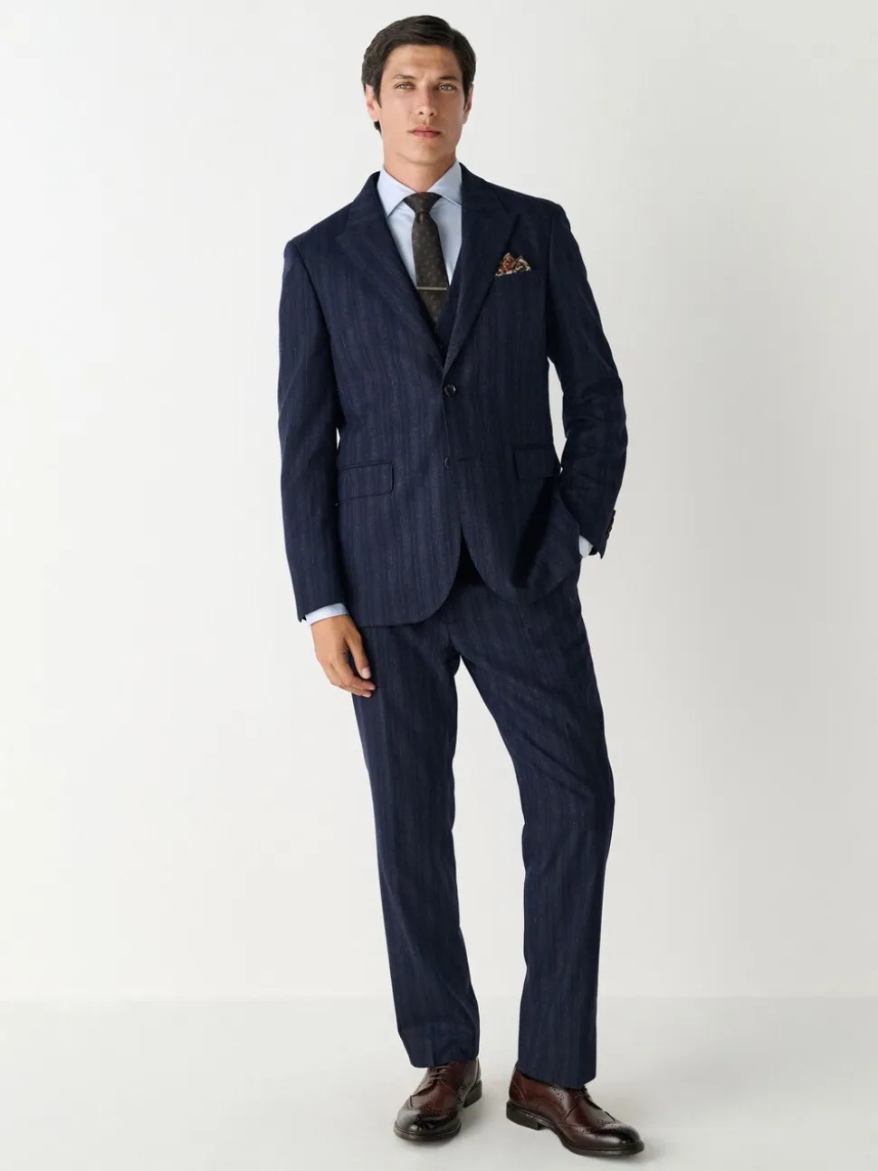 Navy Blue Tailored Fit Striped Wool Blend Suit Trousers