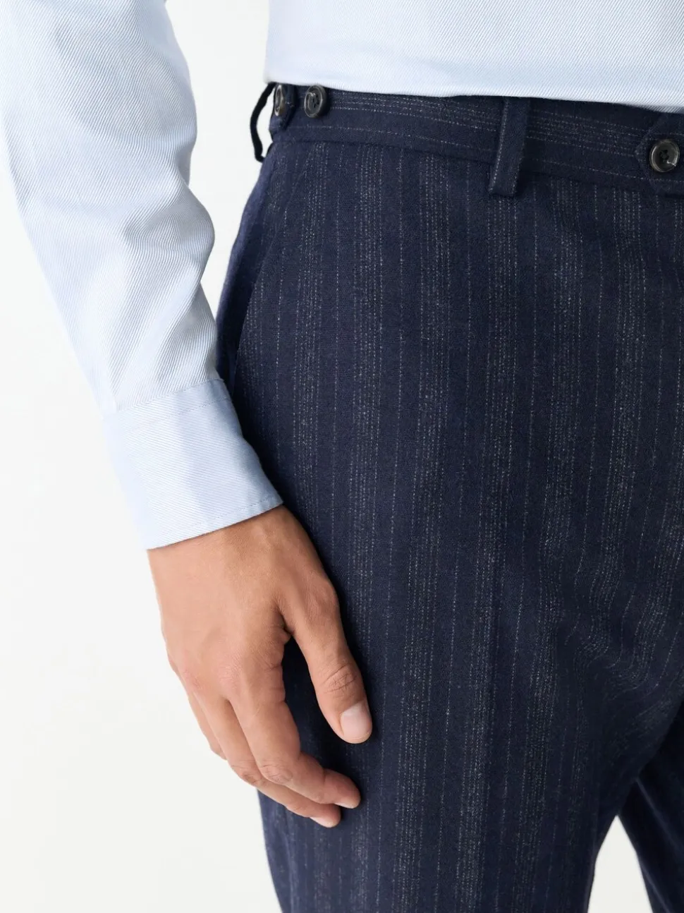 Navy Blue Tailored Fit Striped Wool Blend Suit Trousers
