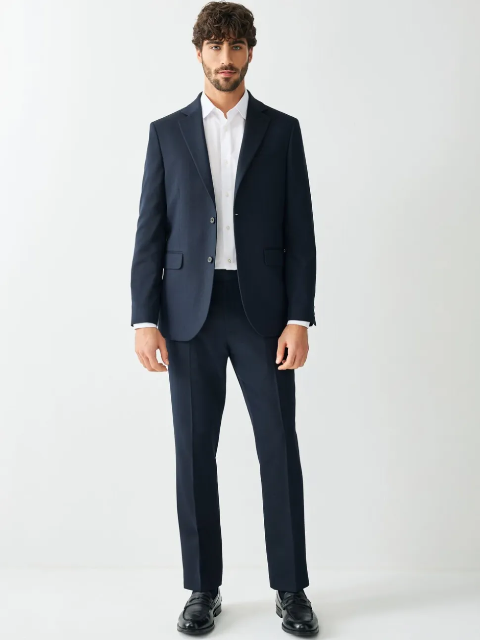 Navy Blue Tailored Fit Textured Suit Trousers