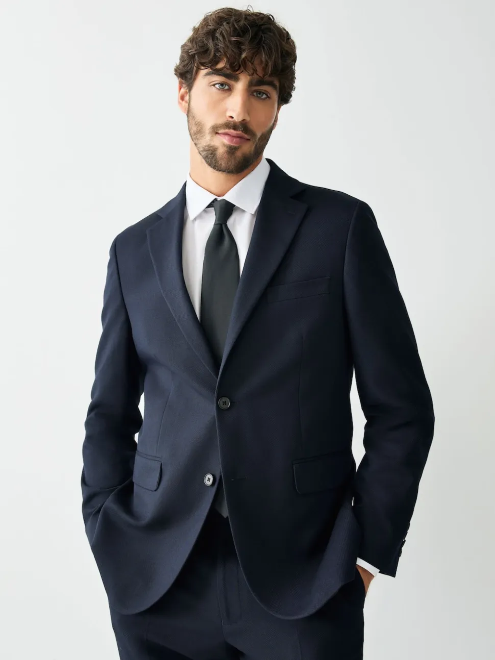 Navy Blue Tailored Fit Textured Suit Jacket