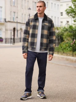 Navy Blue/ Tan Cord Collar Check Wool Blend Worker Jacket