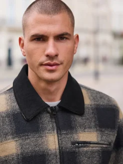 Navy Blue/ Tan Cord Collar Check Wool Blend Worker Jacket
