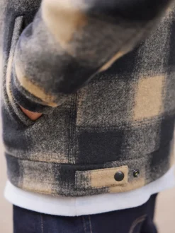 Navy Blue/ Tan Cord Collar Check Wool Blend Worker Jacket