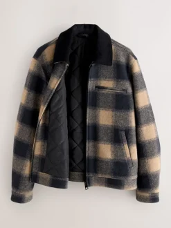 Navy Blue/ Tan Cord Collar Check Wool Blend Worker Jacket