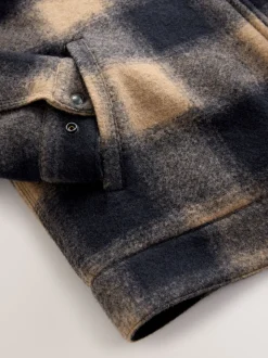 Navy Blue/ Tan Cord Collar Check Wool Blend Worker Jacket