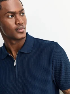 Navy Blue Textured Smart Zip Neck Polo Shirt