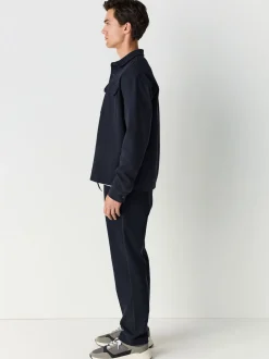 Navy Blue Textured Twill Straight Leg Joggers