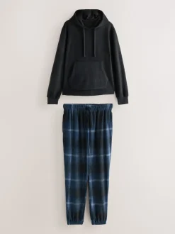 Navy Blue Thermal Fleece Bottoms Long Sleeve Hoodies Set