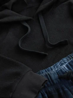 Navy Blue Thermal Fleece Bottoms Long Sleeve Hoodies Set
