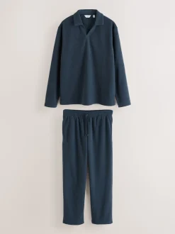Navy Blue Towelling Long Sleeve Trophy Neck Pyjamas Set