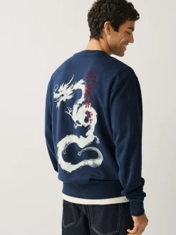 Navy Blue Washed Graphic Print Crew Neck Sweatshirt