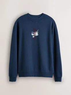 Navy Blue Washed Graphic Print Crew Neck Sweatshirt