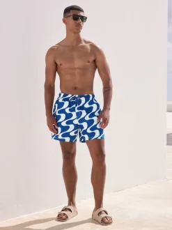 Navy Blue Wave Printed Swim Shorts