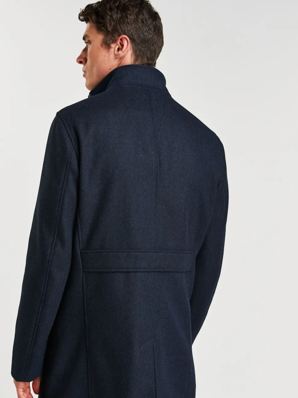 Navy Blue Wool Blend Mock Gilet Herringbone Padded Coat
