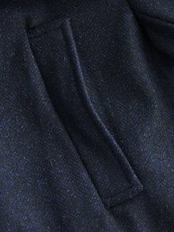 Navy Blue Wool Blend Mock Gilet Herringbone Padded Coat