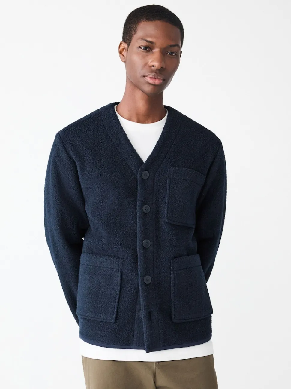 Navy Blue Wool Look Fleece Cardigan