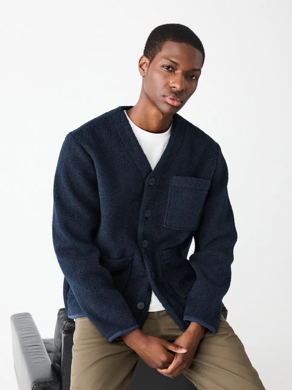 Navy Blue Wool Look Fleece Cardigan