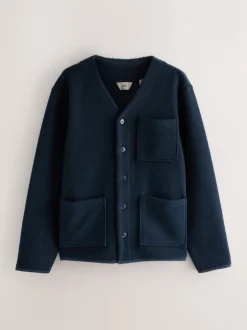 Navy Blue Wool Look Fleece Cardigan