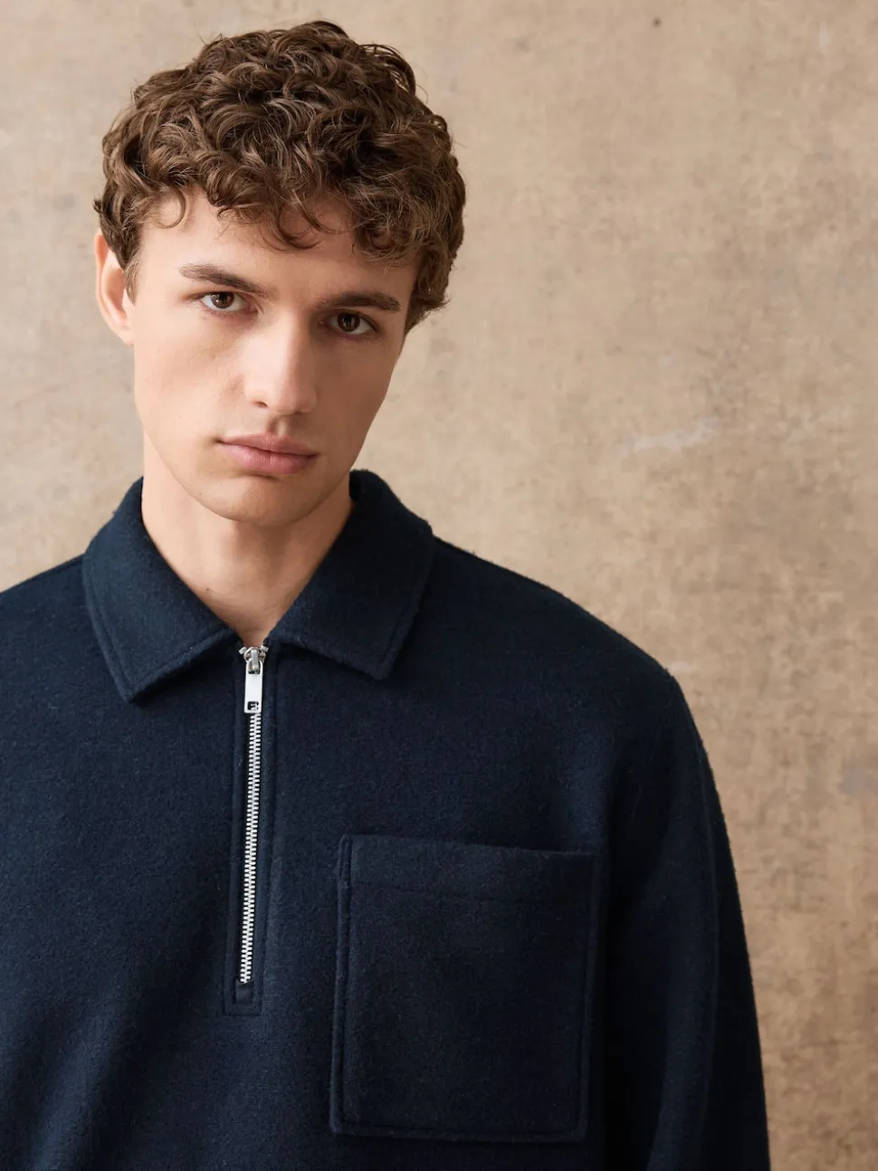 Navy Blue Wool Look Quarter Zip Polo Top