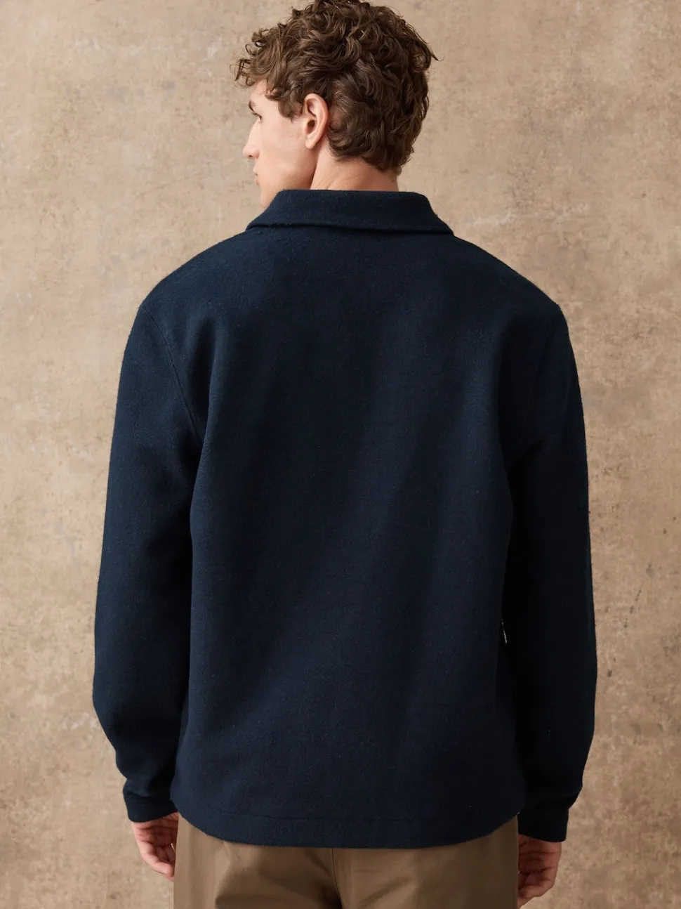 Navy Blue Wool Look Quarter Zip Polo Top