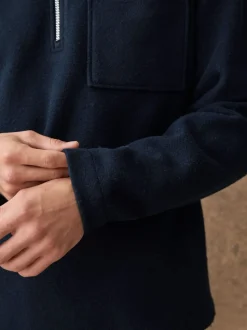 Navy Blue Wool Look Quarter Zip Polo Top