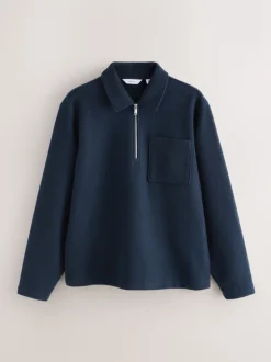 Navy Blue Wool Look Quarter Zip Polo Top