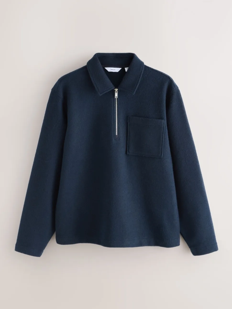 Navy Blue Wool Look Quarter Zip Polo Top