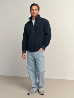 Navy Blue Zip Through Borg Fleece