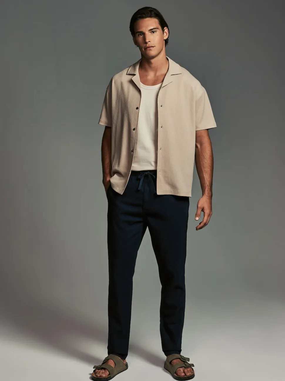 Navy Blue/Charcoal Grey Linen Cotton Elasticated Drawstring Trousers 2 Pack