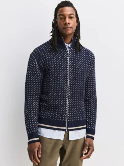 Navy Blue/Ecru White Relaxed Fit Geometric Pattern Zip Through Cardigan with Wool