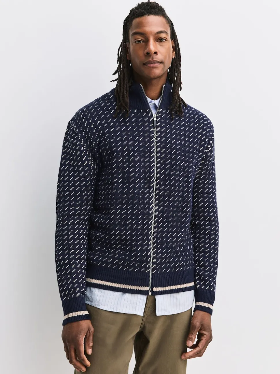 Navy Blue/Ecru White Relaxed Fit Geometric Pattern Zip Through Cardigan with Wool