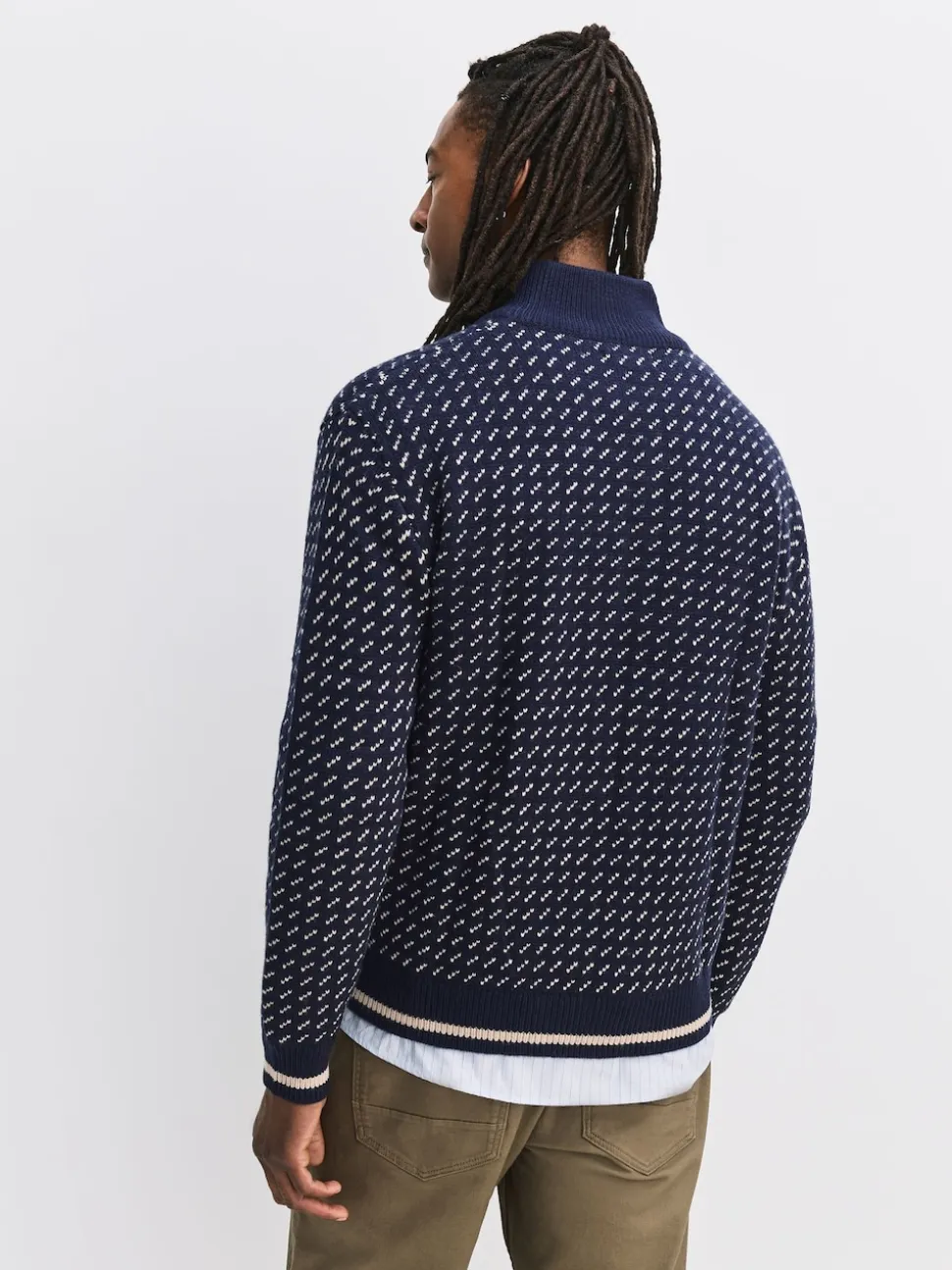 Navy Blue/Ecru White Relaxed Fit Geometric Pattern Zip Through Cardigan with Wool