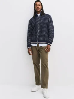 Navy Blue/Ecru White Relaxed Fit Geometric Pattern Zip Through Cardigan with Wool