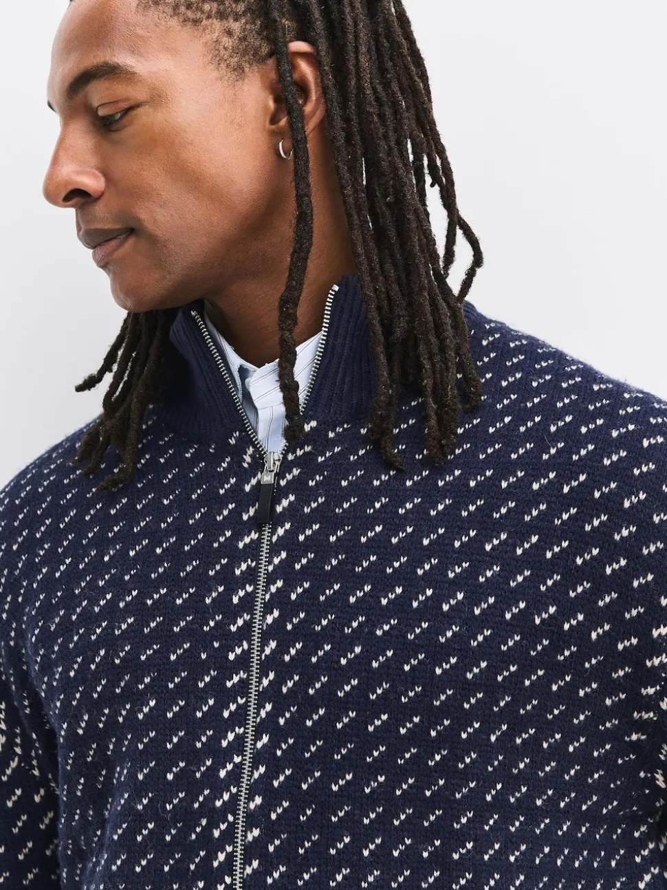 Navy Blue/Ecru White Relaxed Fit Geometric Pattern Zip Through Cardigan with Wool