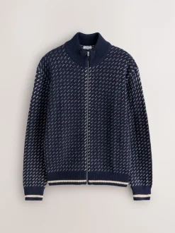 Navy Blue/Ecru White Relaxed Fit Geometric Pattern Zip Through Cardigan with Wool
