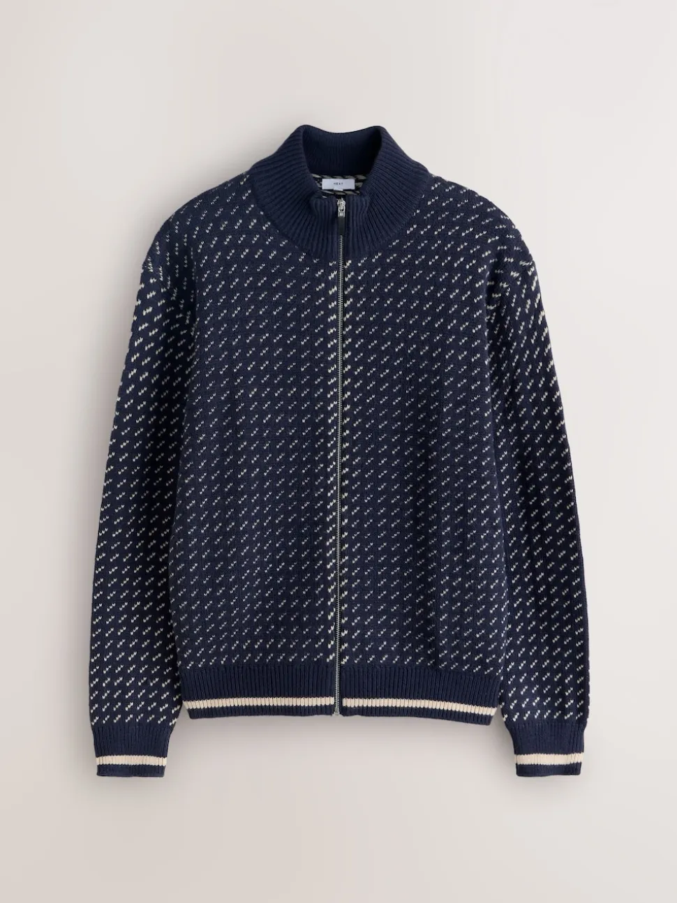 Navy Blue/Ecru White Relaxed Fit Geometric Pattern Zip Through Cardigan with Wool