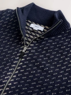 Navy Blue/Ecru White Relaxed Fit Geometric Pattern Zip Through Cardigan with Wool