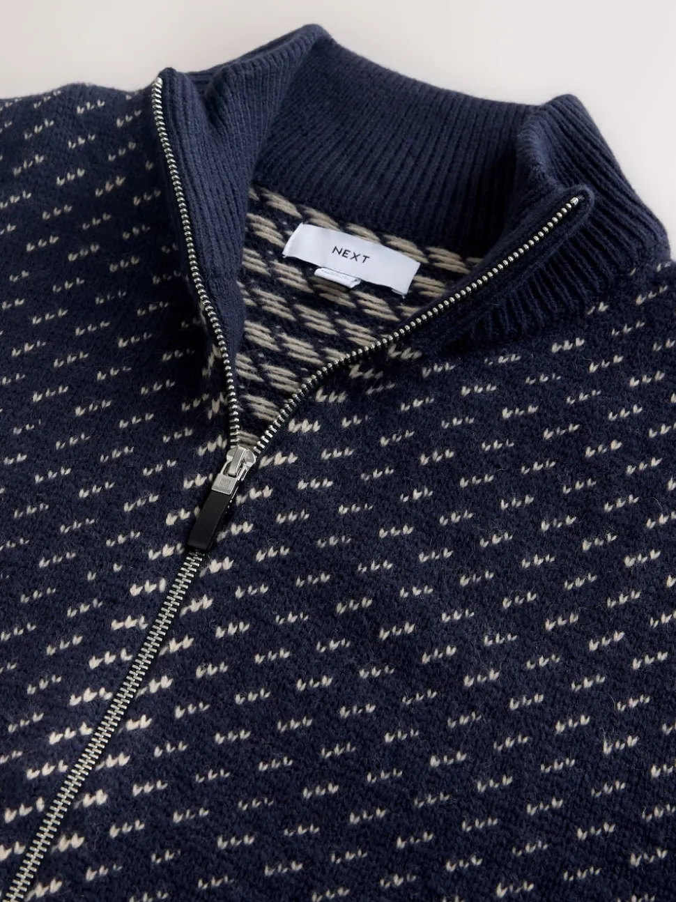 Navy Blue/Ecru White Relaxed Fit Geometric Pattern Zip Through Cardigan with Wool