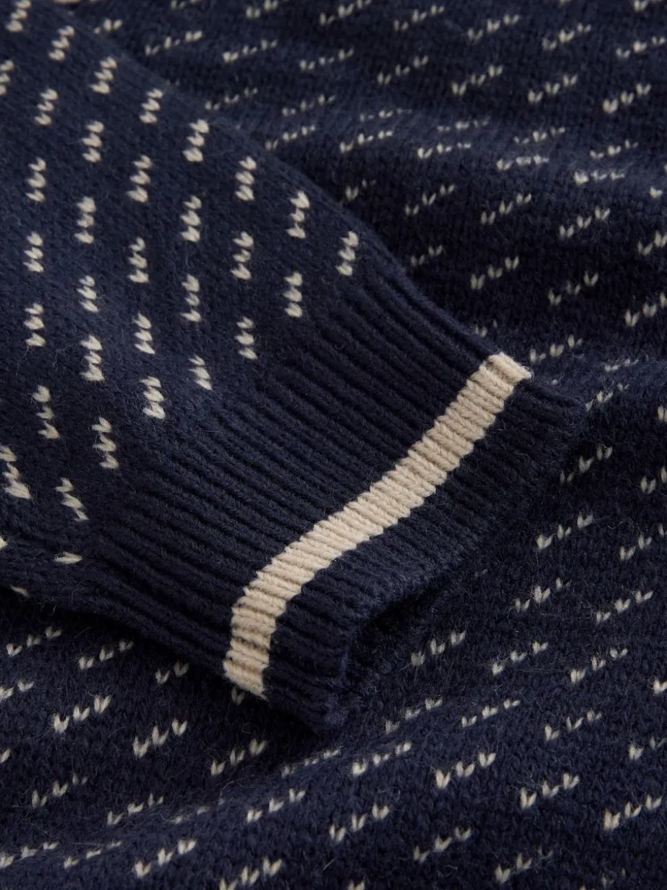 Navy Blue/Ecru White Relaxed Fit Geometric Pattern Zip Through Cardigan with Wool