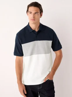 Navy Blue/Grey 100% Cotton Short Sleeve Button Up Block Polo Shirt