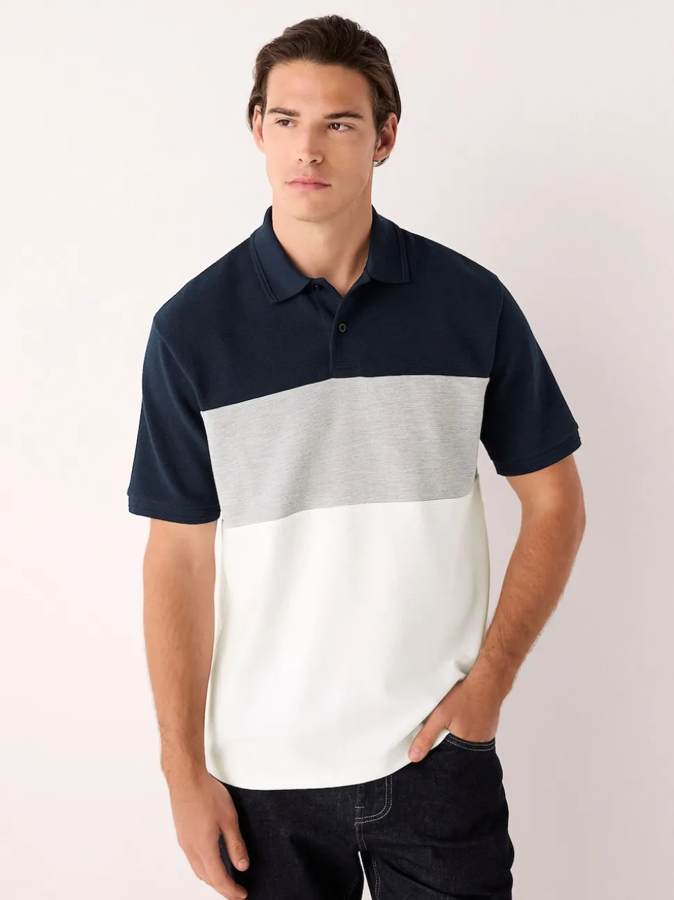Navy Blue/Grey 100% Cotton Short Sleeve Button Up Block Polo Shirt