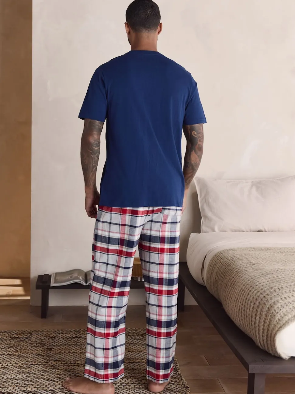 Navy Blue/Grey Check Woven Short Sleeve Pyjamas Set