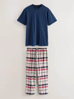 Navy Blue/Grey Check Woven Short Sleeve Pyjamas Set