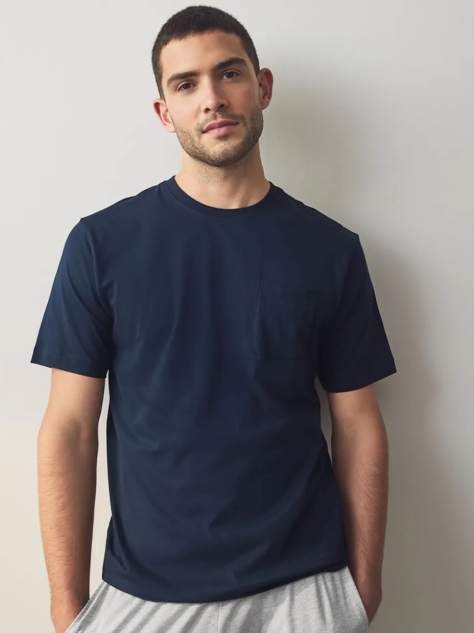 Navy Blue/Grey Marl Cuffed Jersey Pyjamas Set