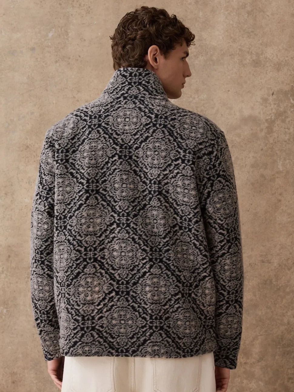 Navy Blue/Grey Printed Full Zip Funnel Neck Fleece