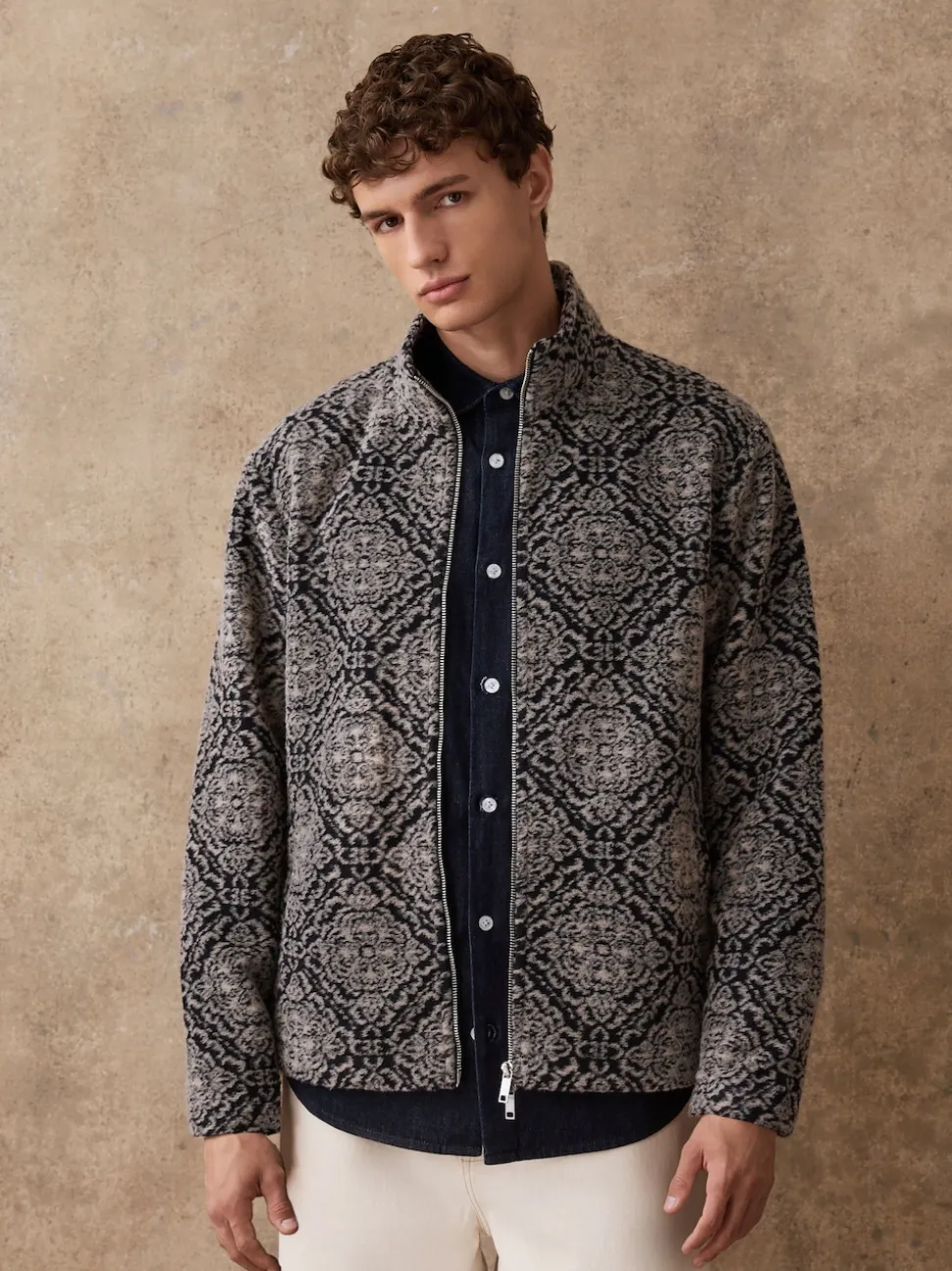 Navy Blue/Grey Printed Full Zip Funnel Neck Fleece