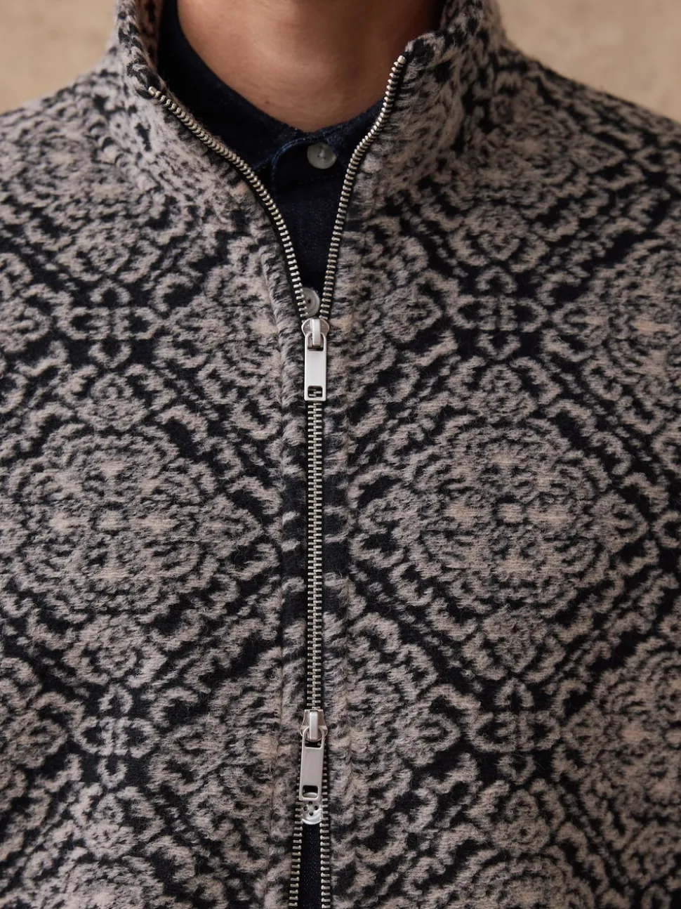 Navy Blue/Grey Printed Full Zip Funnel Neck Fleece