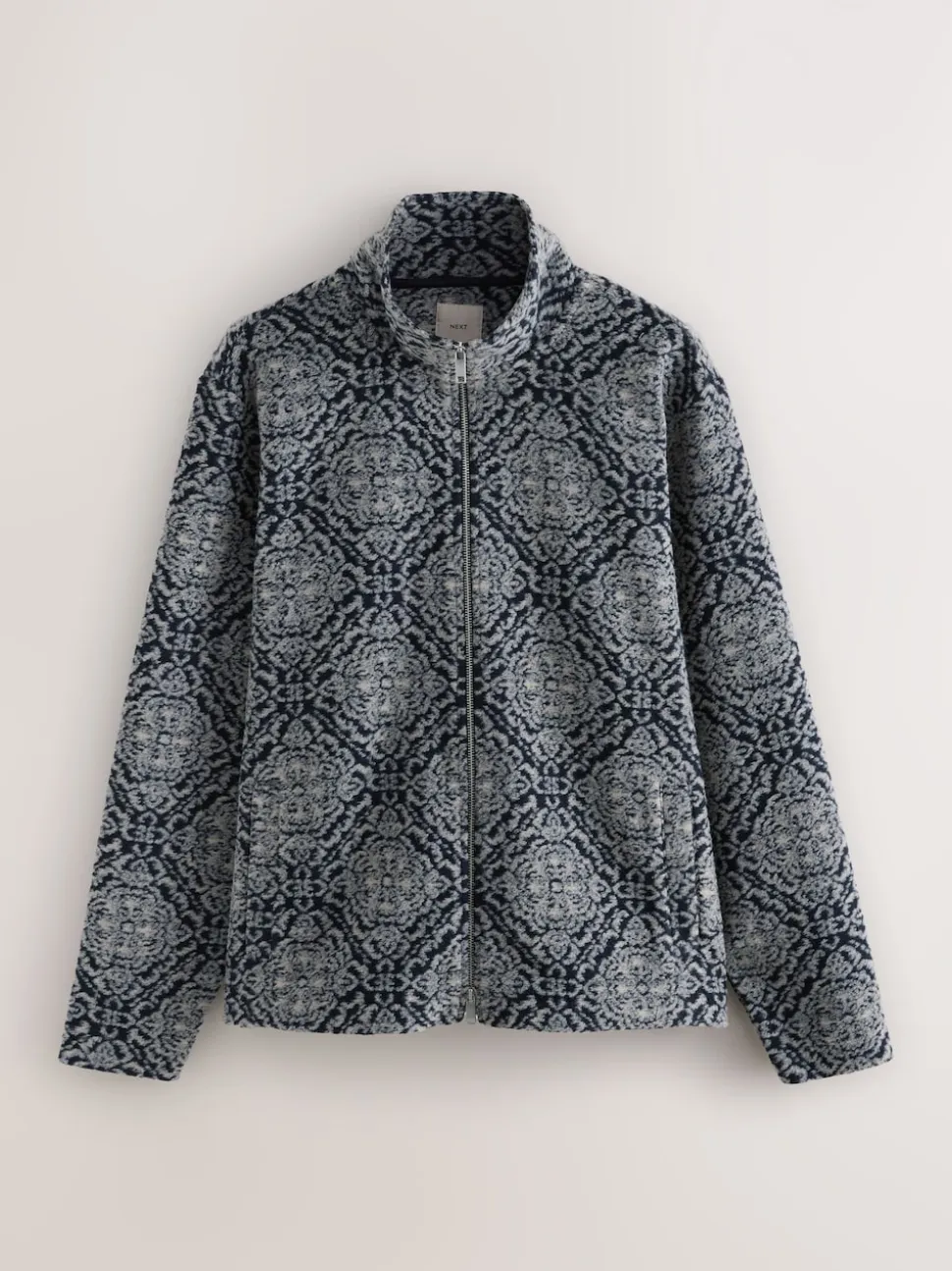 Navy Blue/Grey Printed Full Zip Funnel Neck Fleece