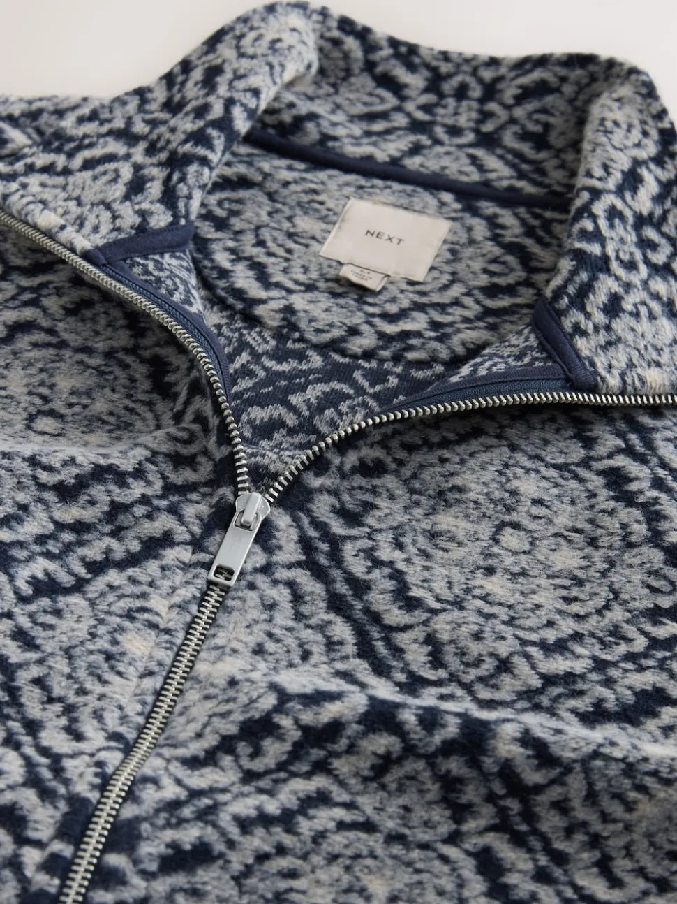 Navy Blue/Grey Printed Full Zip Funnel Neck Fleece