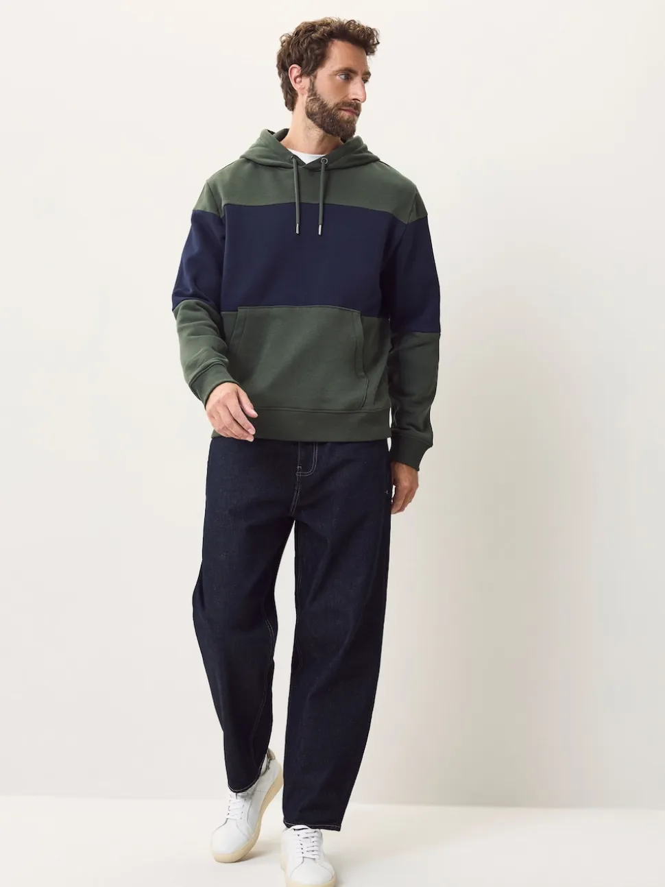 Navy Blue/Khaki Green Overhead Hoodie Colour Blocking Sweatshirt